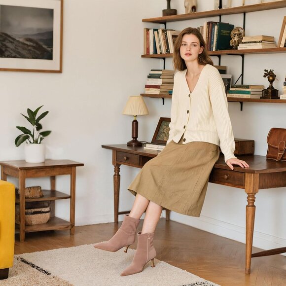 Women's Brown Ankle Boots Stiletto High Heel Pointed Toe Short Side Zipper Dress - Picture 3 of 6